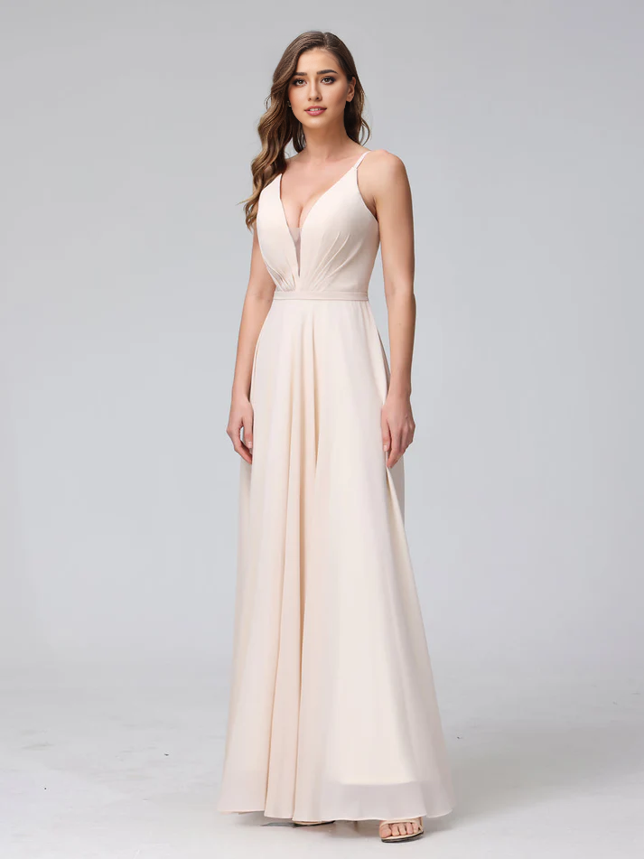 Chiffon Spaghetti-Strap V-Neck Ruched Bodice High-Slit A-Line Floor-Length Romantic Bridesmaid Dress