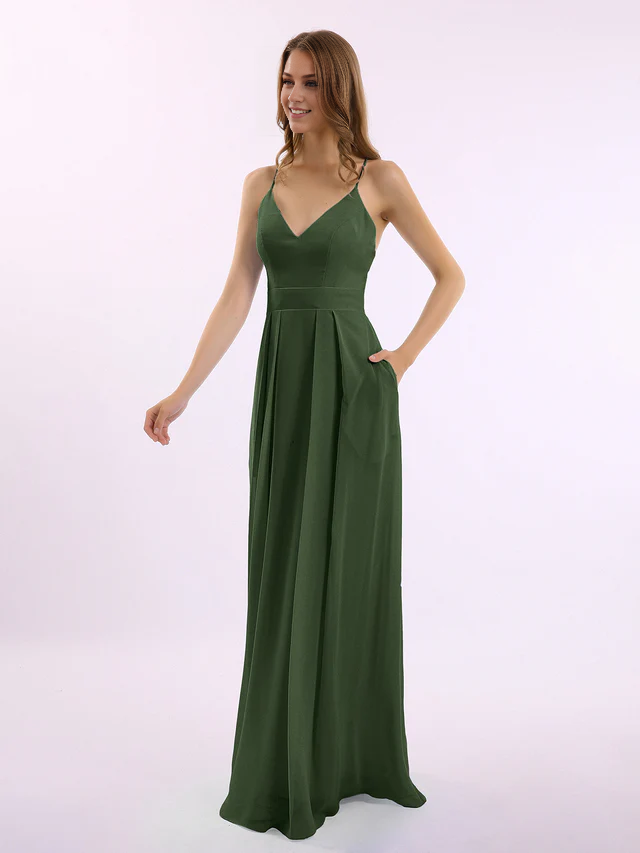 Chiffon Spaghetti-Strap Deep V-Neck A-Line Floor-Length Bridesmaid Dresses