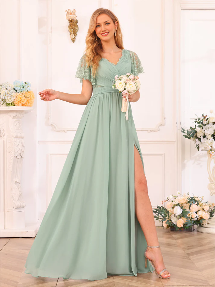 Chiffon One-Shoulder Flutter Sleeve Ruched Bodice High-Slit A-Line Floor-Length Soft Mint Bridesmaid Dresses