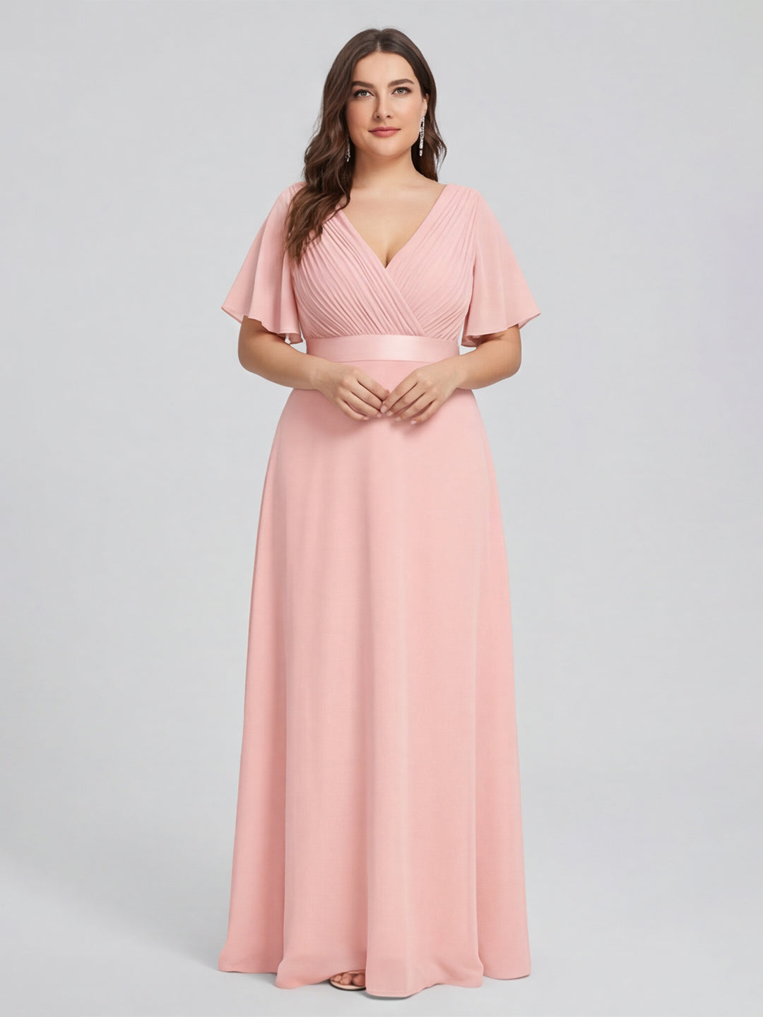 Coquette Petal Chiffon A-Line V-Neck V-Back Ankle-Length Plus Size Bridesmaid Dress