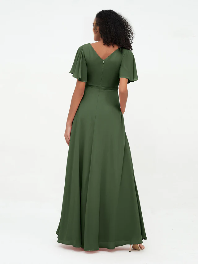 Chiffon Short-Sleeve Boat Neck Tie-Waist A-Line Floor-Length Bridesmaid Dresses