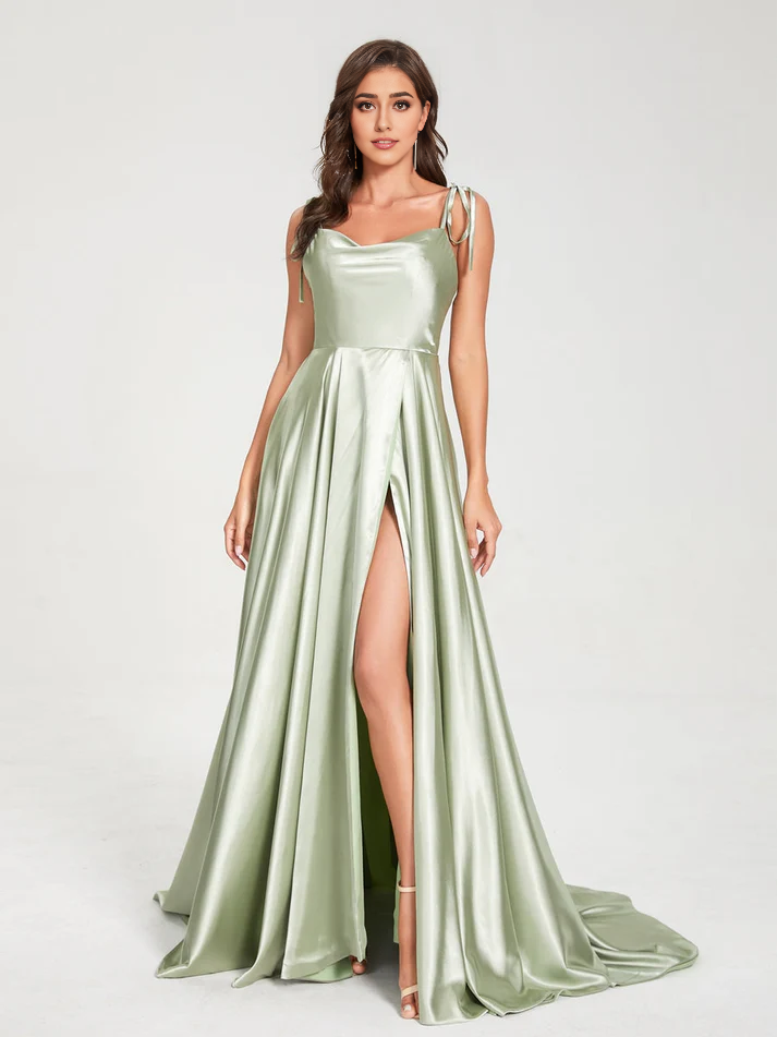 Satin Spaghetti-Strap V-Neck Ruched Bodice Train A-Line Floor-Length Luxe Bridesmaid Dress