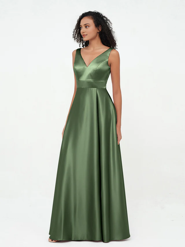 Satin Spaghetti-Strap Deep V-Neck A-Line Floor-Length Bridesmaid Dresses