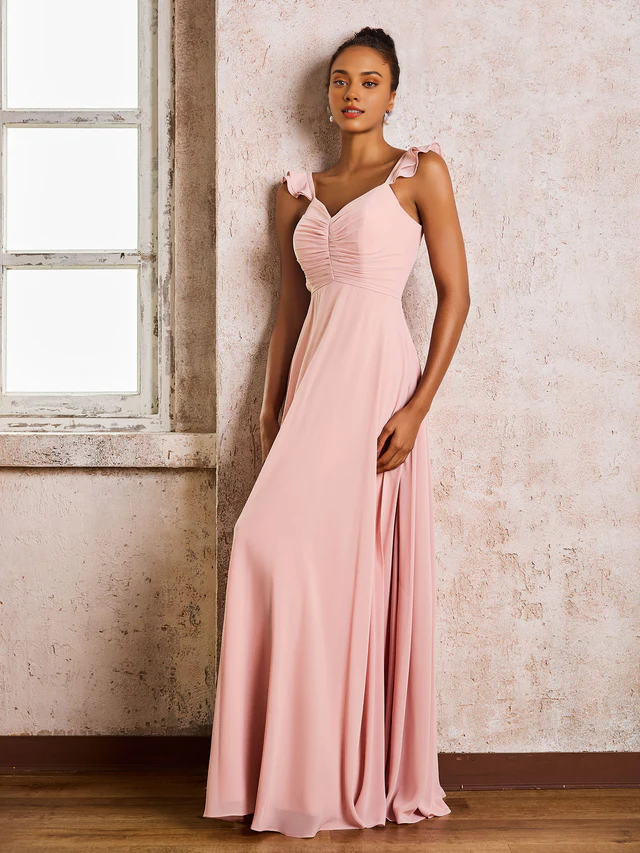 Chiffon Spaghetti-Strap Sweetheart Neckline Ruched Bodice A-Line Floor-Length Bridesmaid Dresses