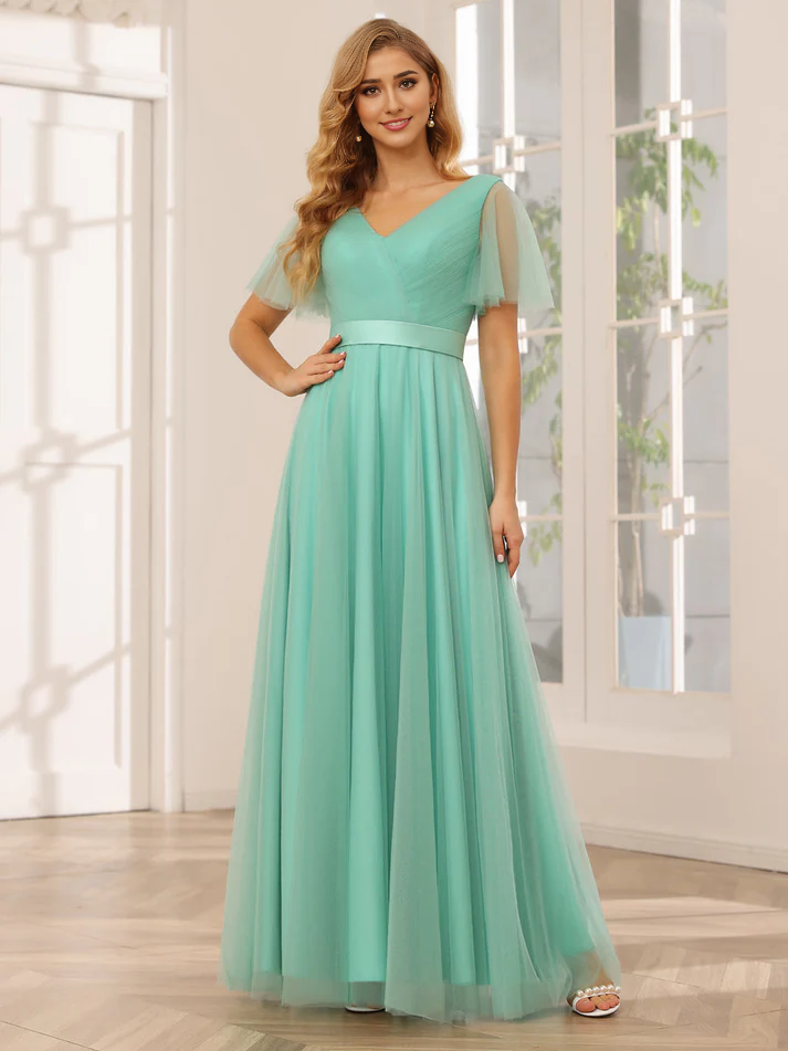 Chiffon Short-Sleeve V-Neck Belted Bodice A-Line Floor-Length Romantic Bridesmaid Dress