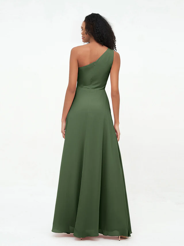 Chiffon One-Shoulder Ruched Bodice High-Slit A-Line Floor-Length Bridesmaid Dresses