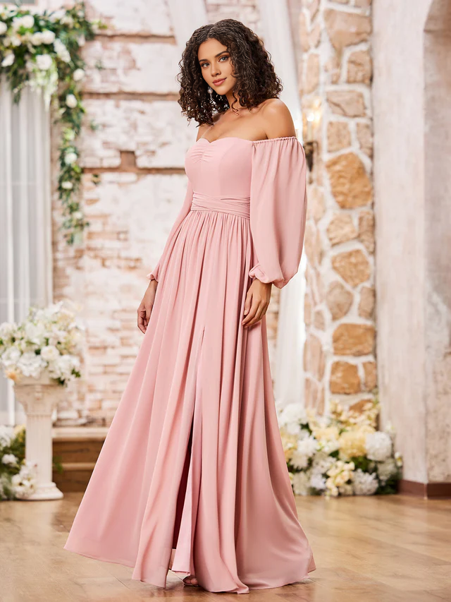 Chiffon Off-Shoulder Long-Sleeve Ruched Bodice High-Slit A-Line Floor-Length Bridesmaid Dresses