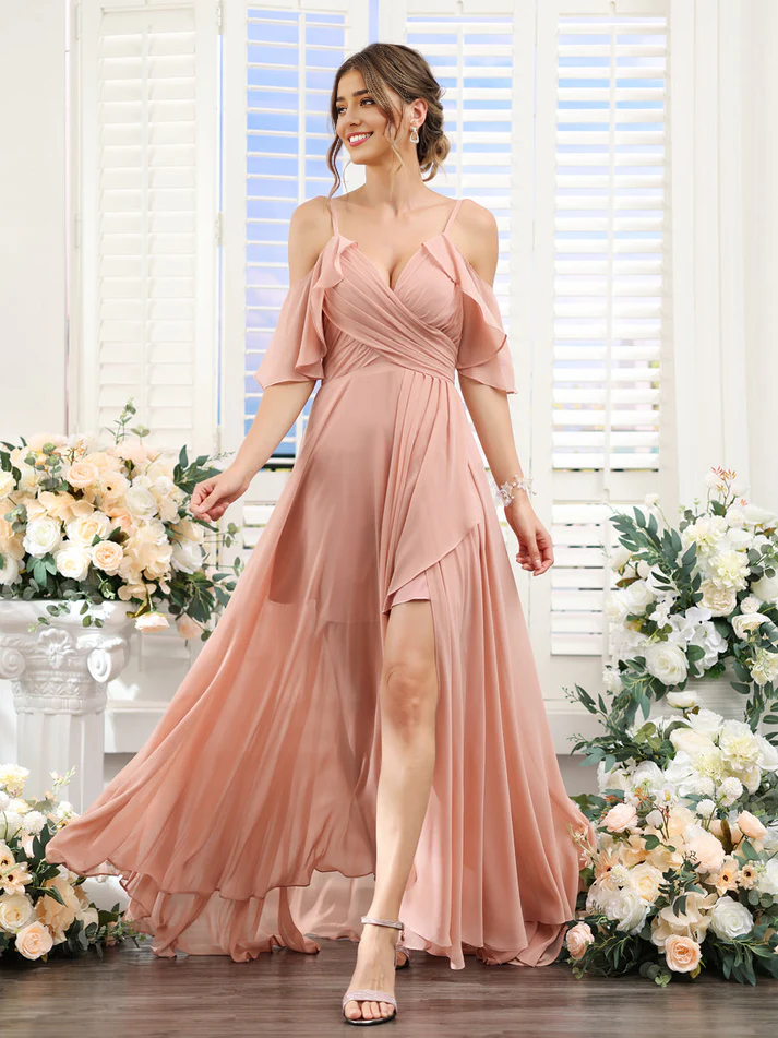 Chiffon Cold-Shoulder Spaghetti-Strap Ruched Bodice High-Low Floor-Length Romantic Bridesmaid Dress