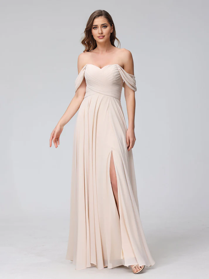 Chiffon Off-the-Shoulder Short-Sleeve Ruched Bodice High-Slit A-Line Floor-Length Elegant Bridesmaid Dress