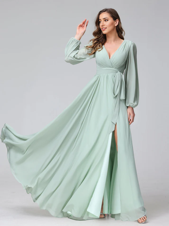 Chiffon Long-Sleeve Deep V-Neck Self-Tie Waist A-Line Floor-Length Soft Mint Bridesmaid Dresses