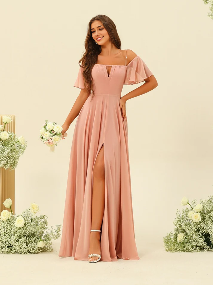 Chiffon Off-the-Shoulder Short-Sleeve Ruched Bodice High-Slit A-Line Floor-Length Romantic Bridesmaid Dress