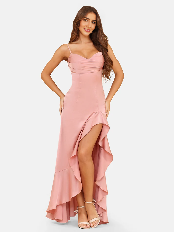 Satin Strapless Sweetheart Neckline Ruffled High-Low A-Line Floor-Length Blush Pink Bridesmaid Dresses