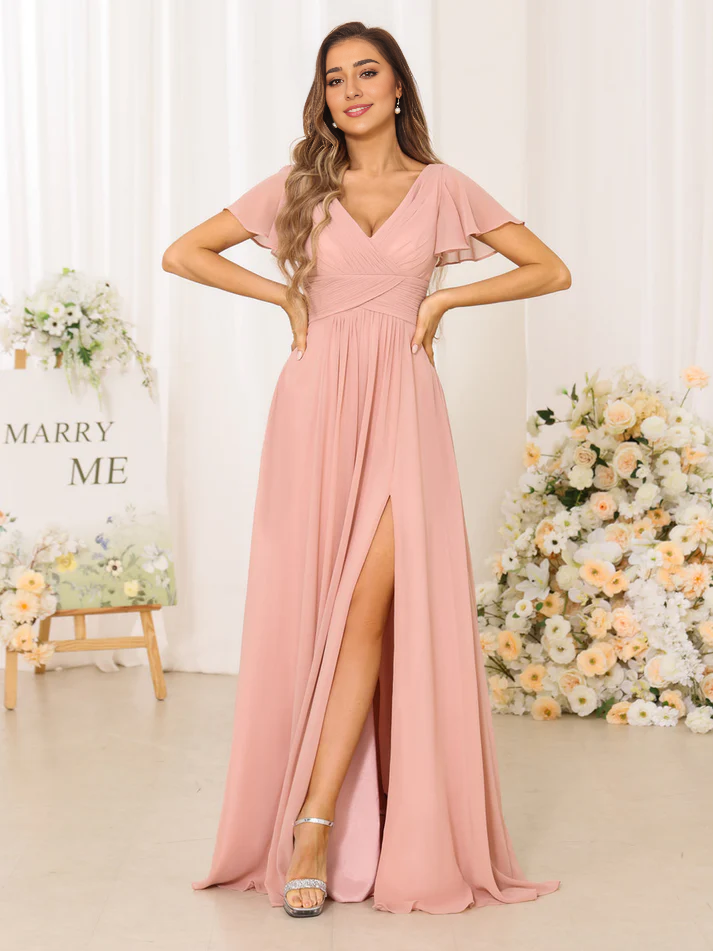 Chiffon Short-Sleeve V-Neck Ruched Bodice High-Slit A-Line Floor-Length Dusty Rose Bridesmaid Dresses