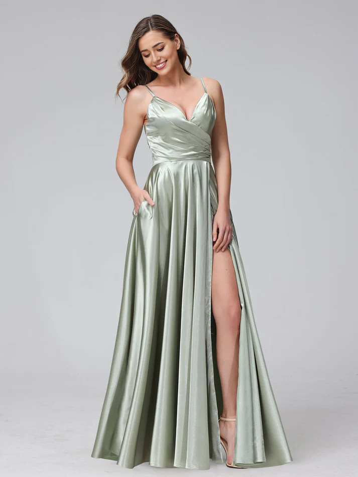 Satin Spaghetti-Strap Sweetheart Neckline Ruched Side A-Line Floor-Length Elegant Bridesmaid Dress