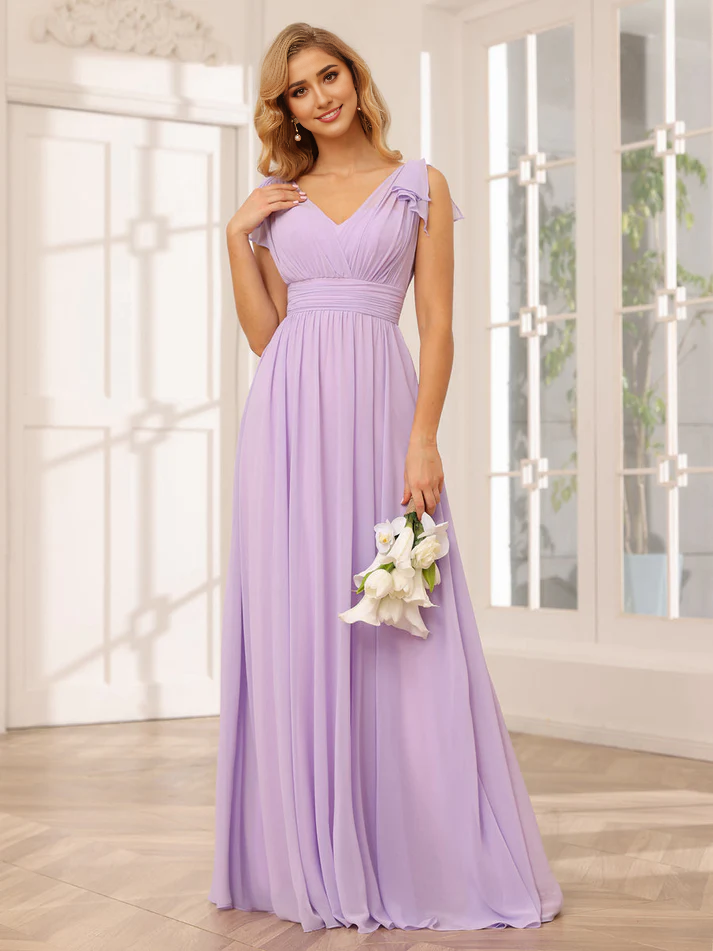 Chiffon Short-Sleeve V-Neck Ruched Bodice High-Slit A-Line Floor-Length Versatile Bridesmaid Dress