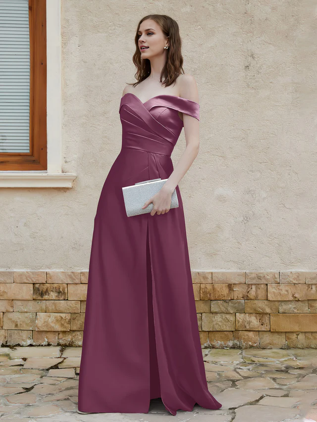 Chiffon Off-Shoulder Sweetheart Neckline Ruched Bodice High-Slit A-Line Floor-Length Bridesmaid Dresses