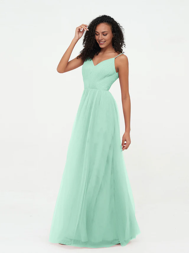 Chiffon Spaghetti-Strap V-Neck Ruched Bodice A-Line Floor-Length Bridesmaid Dresses