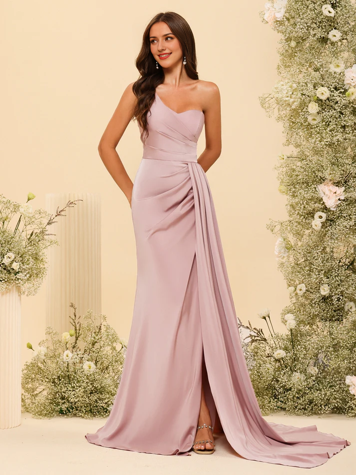 Satin Sweetheart Neckline Ruched Bodice High-Slit Sheath Train Floor-Length Bridesmaid Dresses