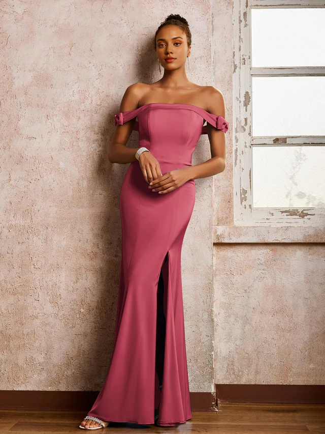 Chiffon Off-Shoulder Sweetheart Neckline Ruched Bodice High-Slit Sheath Floor-Length Bridesmaid Dresses