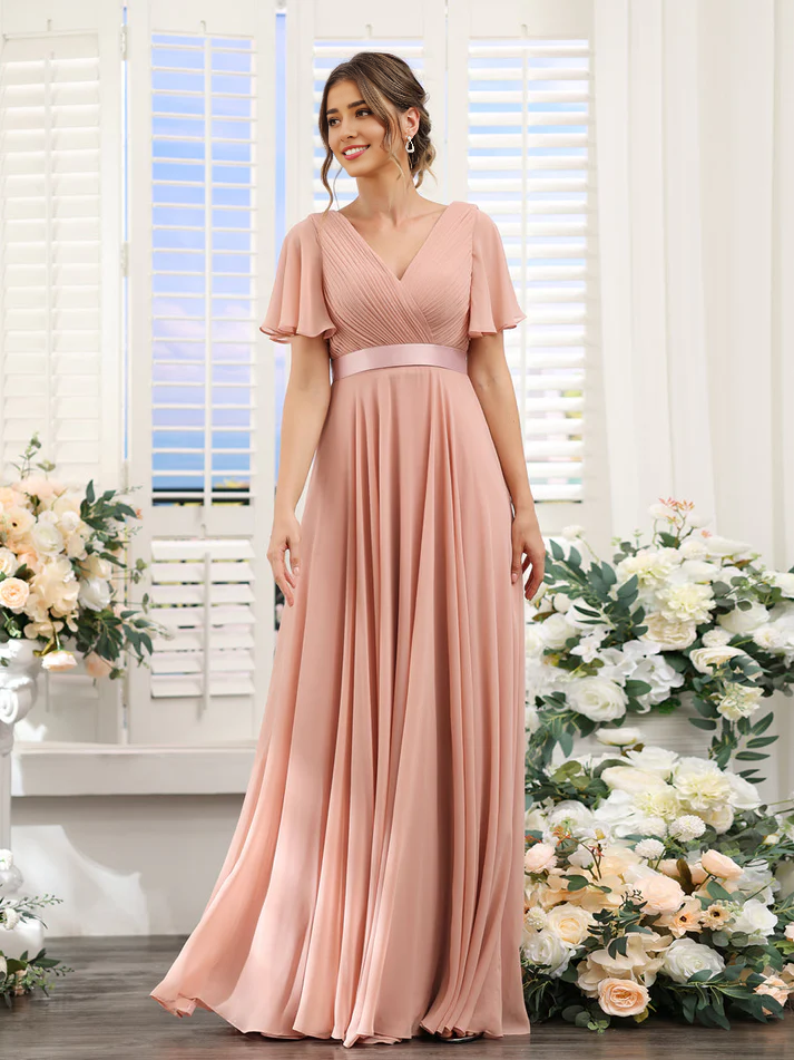 Chiffon Flutter-Sleeve V-Neck Beaded Waist A-Line Floor-Length Blush Pink Bridesmaid Dresses