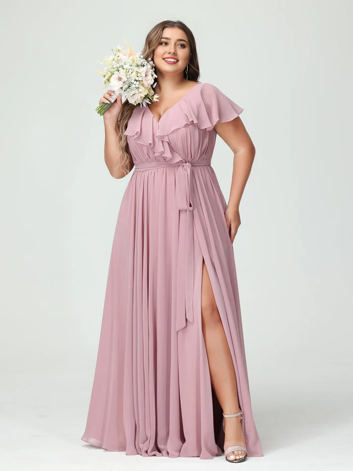 Chiffon Flutter-Sleeve V-Neck Pleated Bodice High-Slit A-Line Floor-Length Romantic Bridesmaid Dress