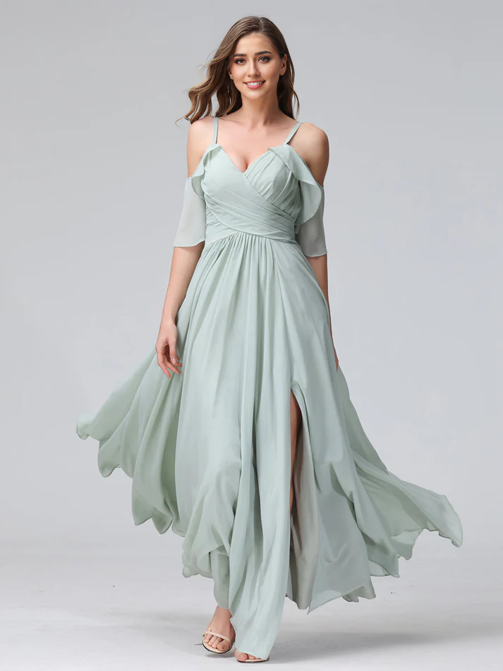 Chiffon Cold-Shoulder V-Neck Ruched Bodice High-Slit A-Line Floor-Length Romantic Bridesmaid Dress