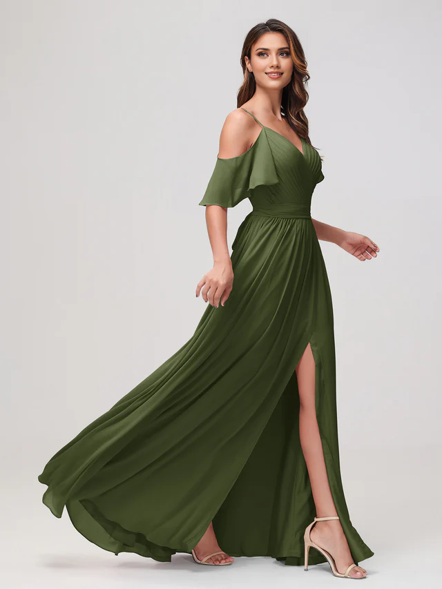 Chiffon Off-Shoulder V-Neck Ruched Bodice High-Slit A-Line Floor-Length Bridesmaid Dresses