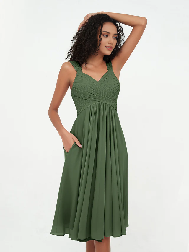 Chiffon Spaghetti-Strap Sweetheart Neckline Ruched Bodice Tea-Length A-Line Bridesmaid Dresses