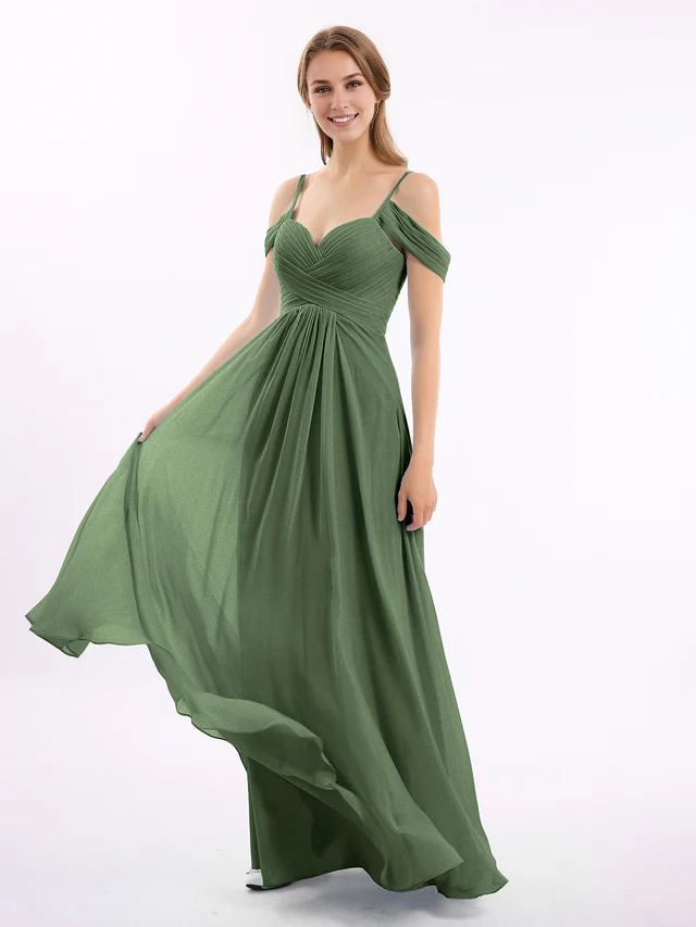 Chiffon Off-Shoulder Sweetheart Neckline Ruched Bodice A-Line Floor-Length Bridesmaid Dresses