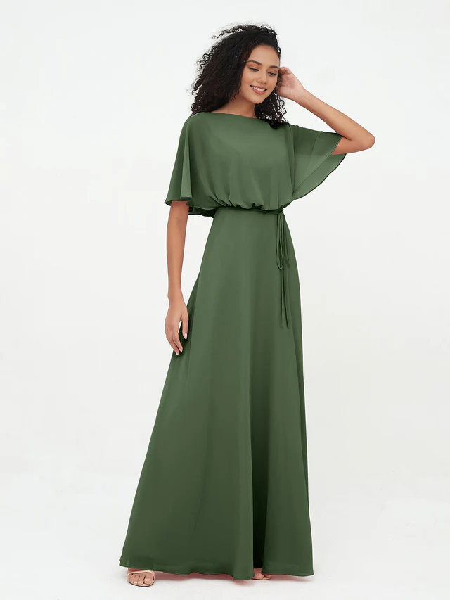 Chiffon Short-Sleeve Boat Neck Tie-Waist A-Line Floor-Length Bridesmaid Dresses