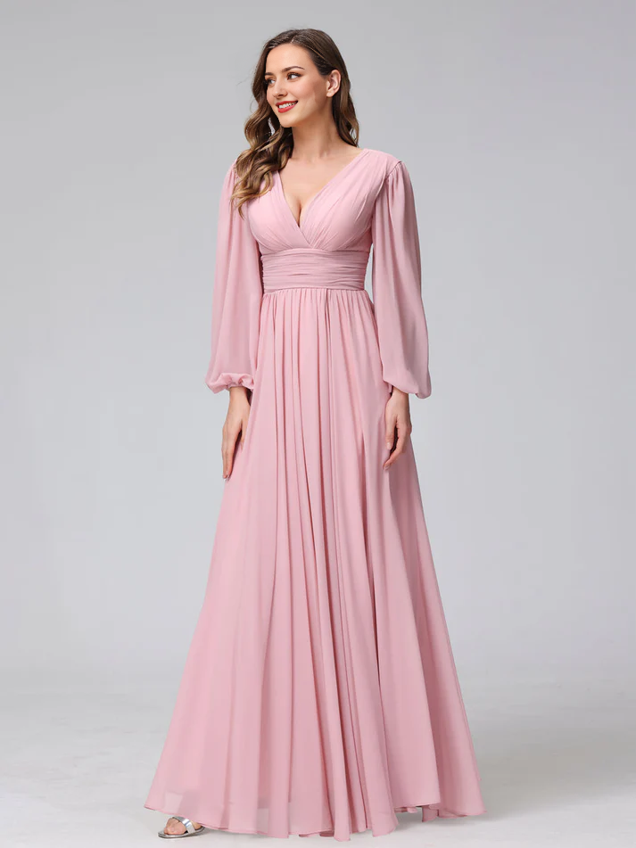 Chiffon Long-Sleeve Deep V-Neck Ruched Bodice High-Slit A-Line Floor-Length Bridesmaid Dresses