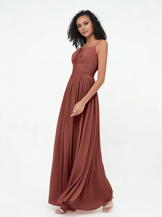 Chiffon Spaghetti-Strap Ruched Bodice Pocketed A-Line Floor-Length Bridesmaid Dresses