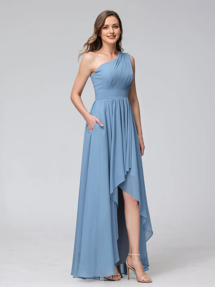Chiffon One-Shoulder Ruched Bodice Asymmetrical High-Low A-Line Floor-Length Dusty Blue Bridesmaid Dresses