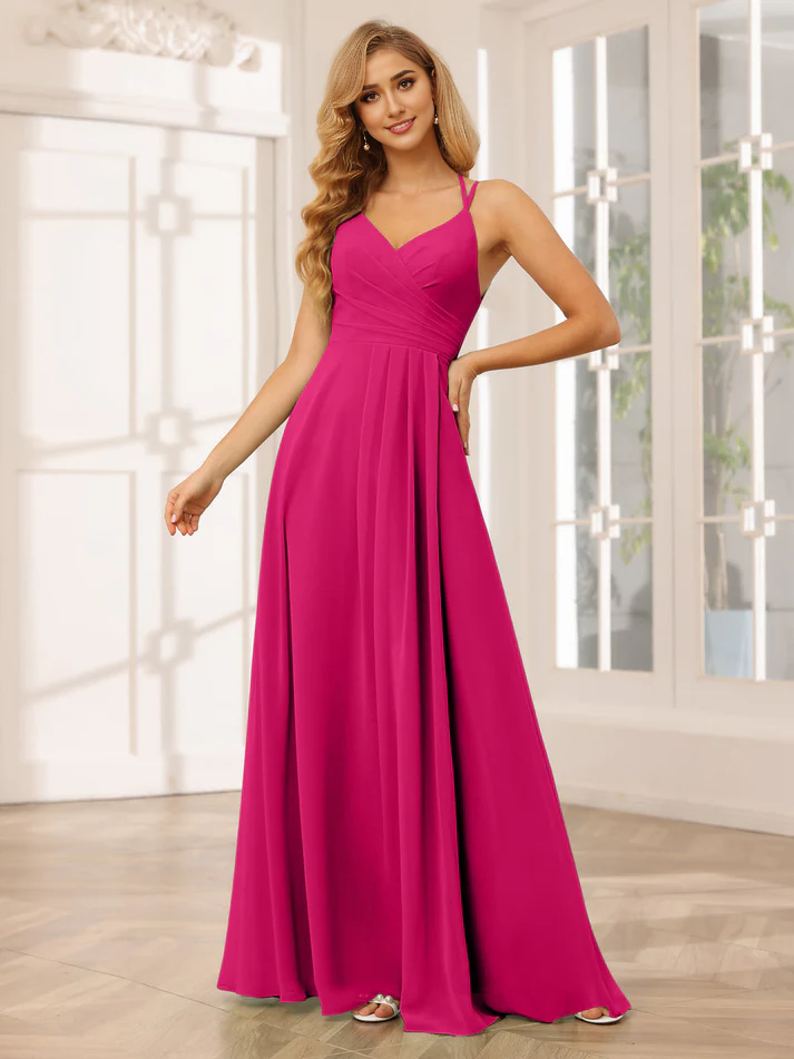 Chiffon Spaghetti-Strap Sweetheart Neckline Ruched Bodice A-Line Floor-Length Romantic Bridesmaid Dress