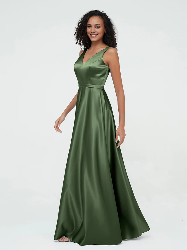 Satin Spaghetti-Strap V-Neck Ruched Bodice A-Line Floor-Length Bridesmaid Dresses