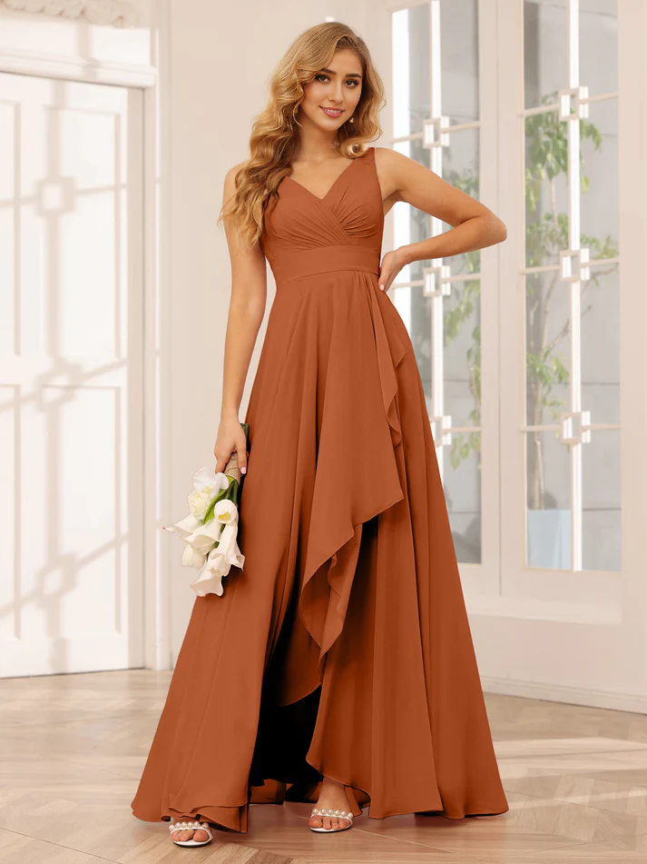Chiffon V-Neck Detachable Bell-Sleeve High-Low A-Line Floor-Length Versatile Bridesmaid Dress