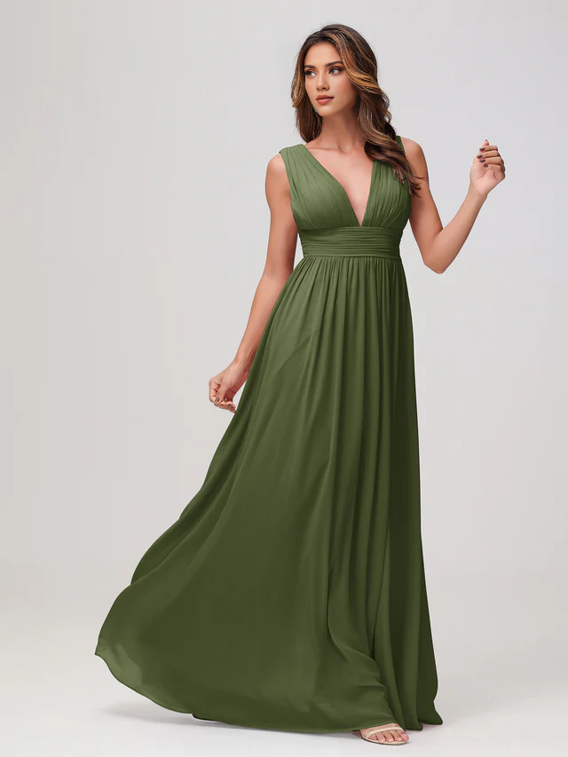 Chiffon Spaghetti-Strap Deep V-Neck Ruched Bodice High-Slit A-Line Floor-Length Bridesmaid Dresses