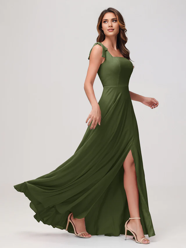 Satin Square Neck Spaghetti-Strap Ruched Bodice High-Slit Sheath Floor-Length Bridesmaid Dresses