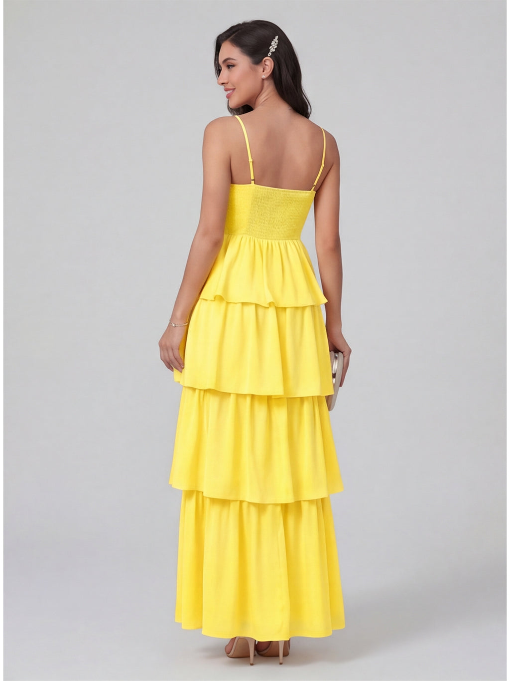 Coquette Lemon Chiffon A-Line Square Neck Backless with Cascading Ruffles Ankle-Length Bridesmaid Dress