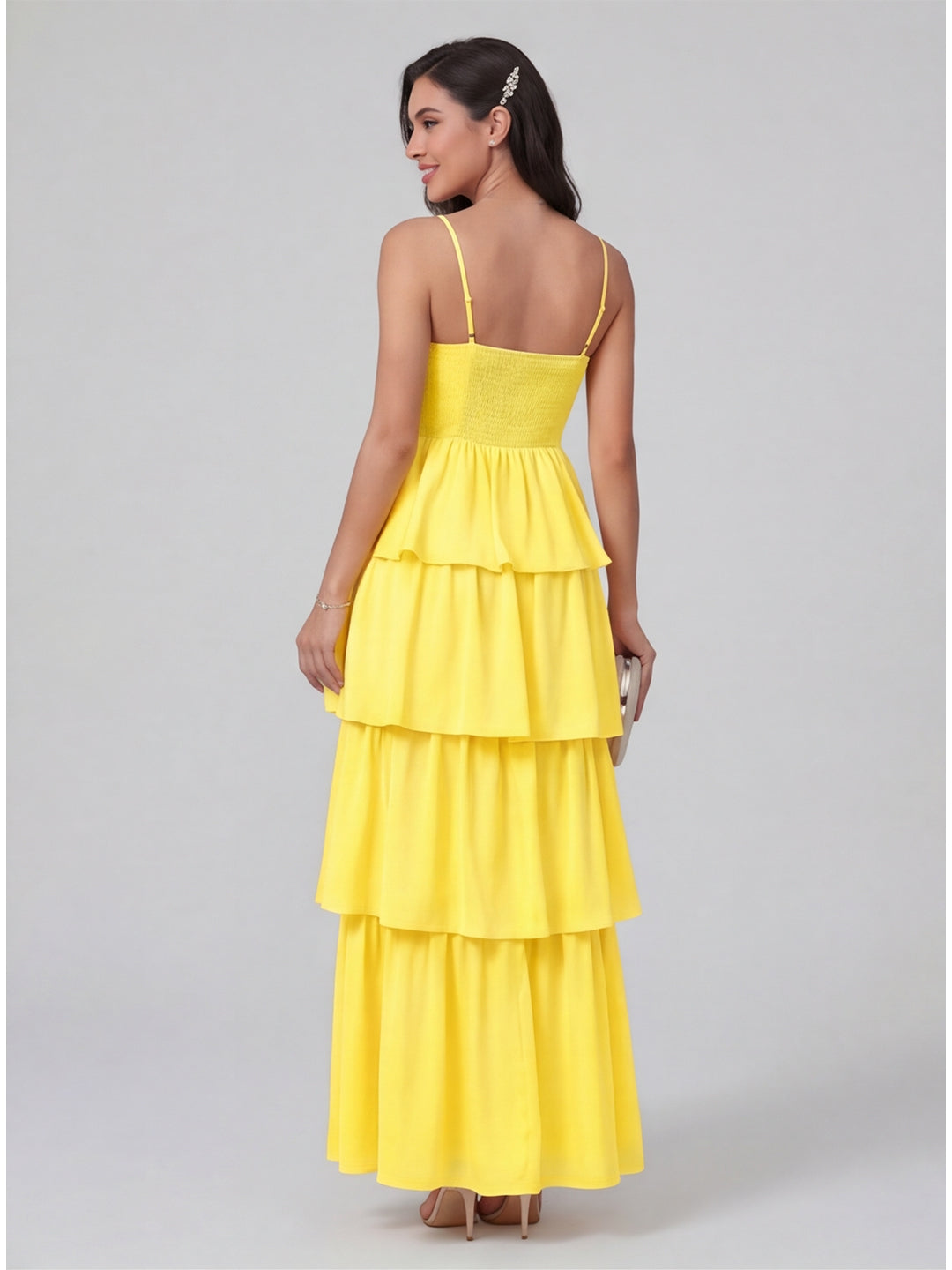 Coquette Lemon Chiffon A-Line Square Neck Backless with Cascading Ruffles Ankle-Length Bridesmaid Dress