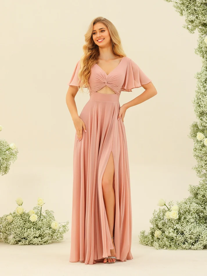 Chiffon Flutter-Sleeve V-Neck Ruched Bodice Tiered A-Line Floor-Length Dusty Rose Bridesmaid Dresses