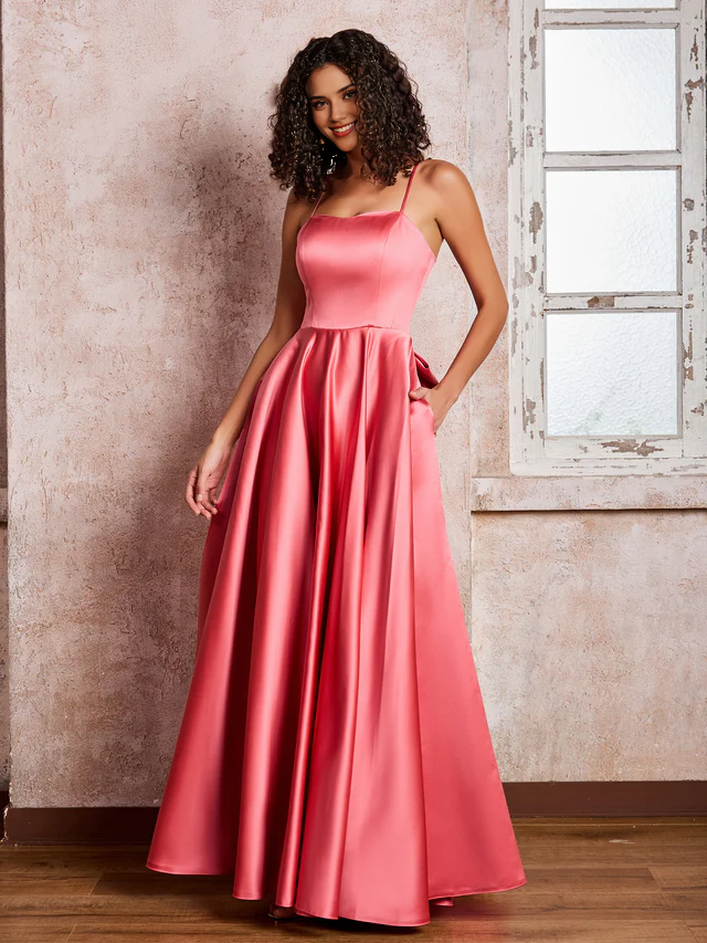 Satin Spaghetti-Strap Square Neck Back Bow Detail A-Line Floor-Length Bridesmaid Dresses