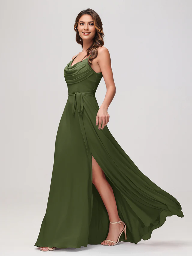 Chiffon Spaghetti-Strap Sweetheart Neckline Ruched Bodice High-Slit A-Line Floor-Length Bridesmaid Dresses