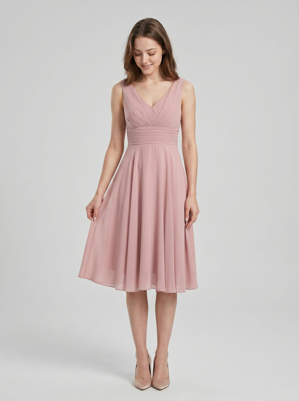 Coquette Dusty Rose Chiffon A-Line V-Neck V-Back with  Knee-Length Bridesmaid Dress