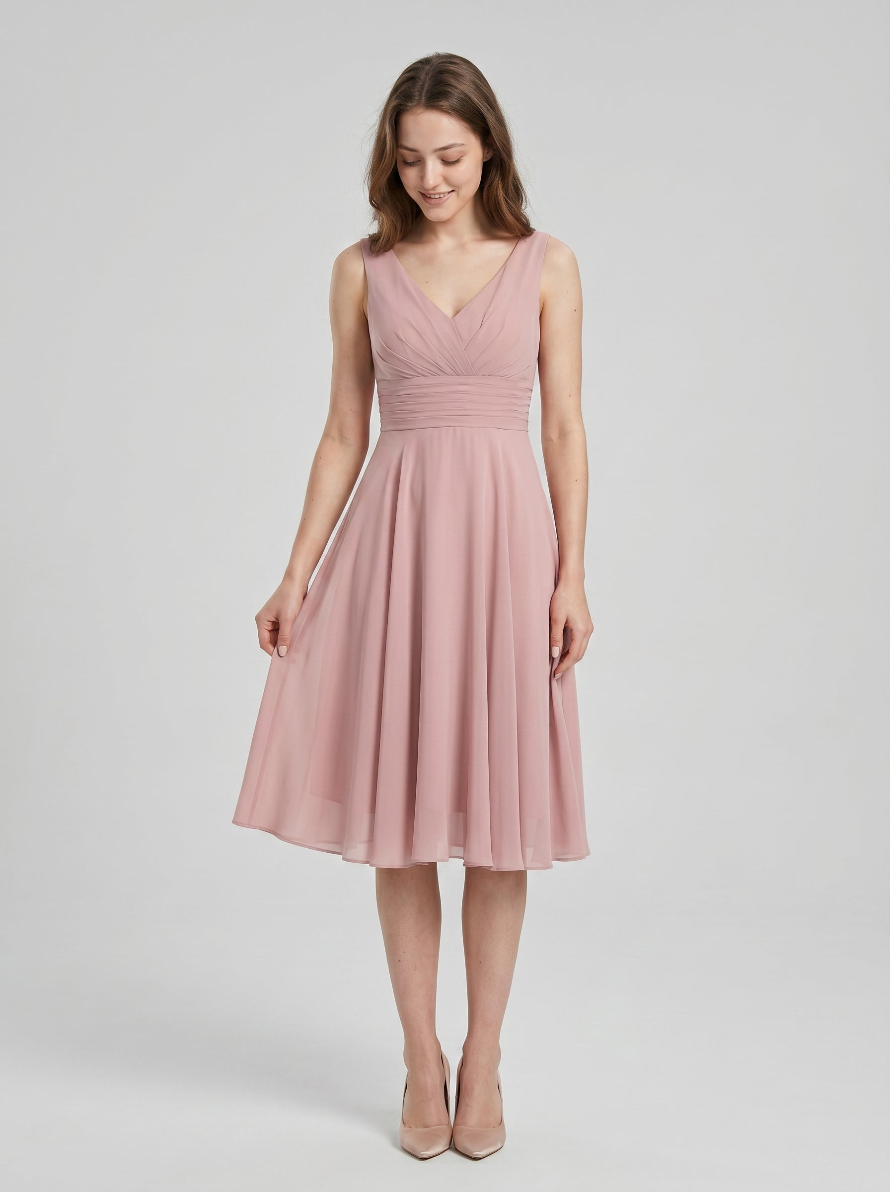 Coquette Dusty Rose Chiffon A-Line V-Neck V-Back with  Knee-Length Bridesmaid Dress