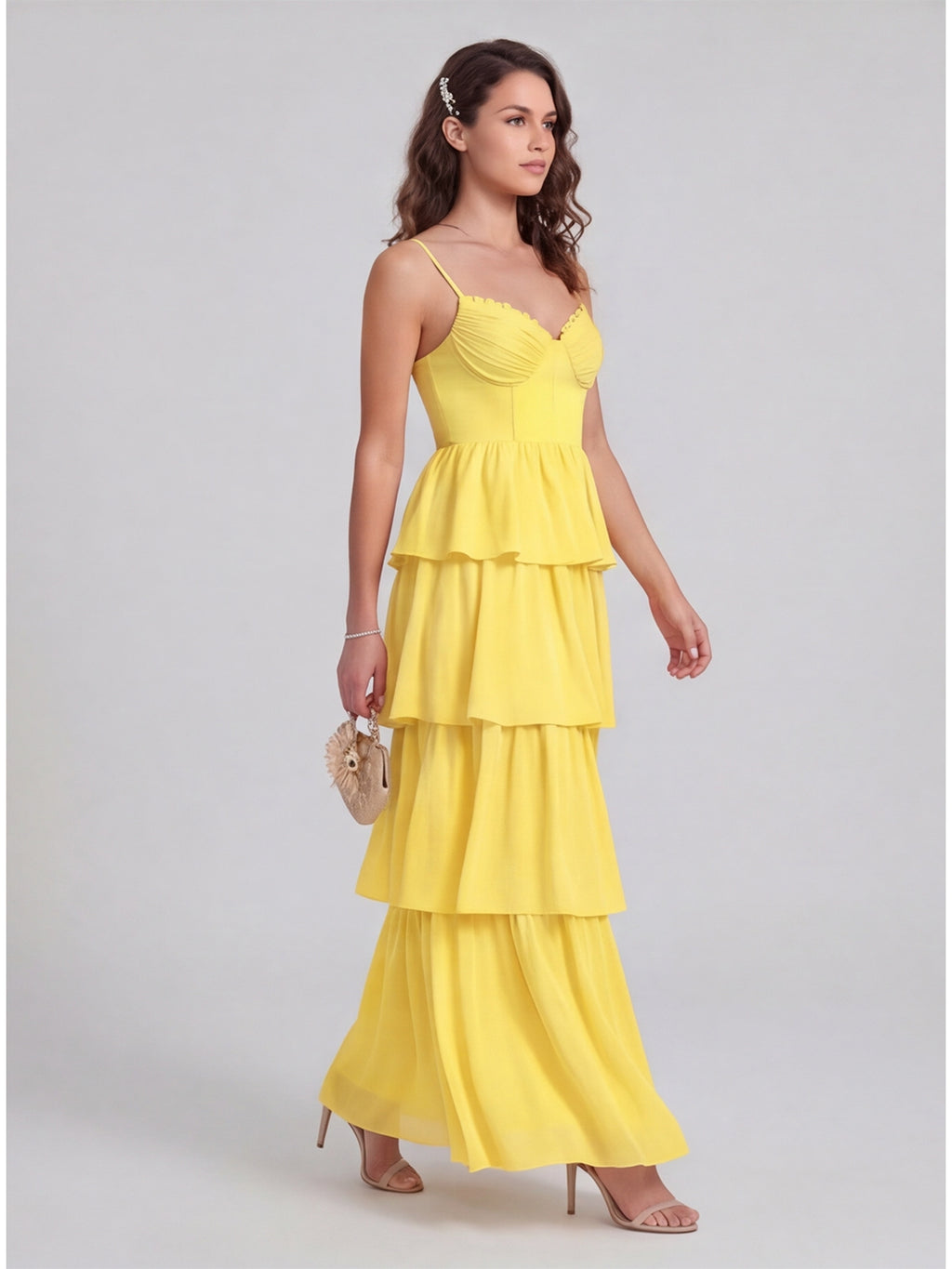 Coquette Lemon Chiffon A-Line Square Neck Backless with Cascading Ruffles Ankle-Length Bridesmaid Dress