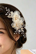 White Organza Flower Pearl Hair Clip Gold Floral Bridal Hair Barrette