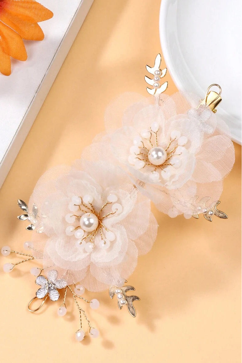 White Organza Flower Pearl Hair Clip Gold Floral Bridal Hair Barrette