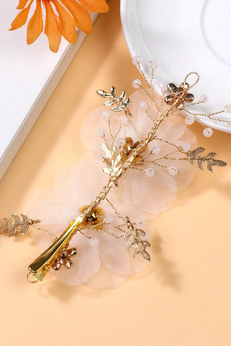 White Organza Flower Pearl Hair Clip Gold Floral Bridal Hair Barrette