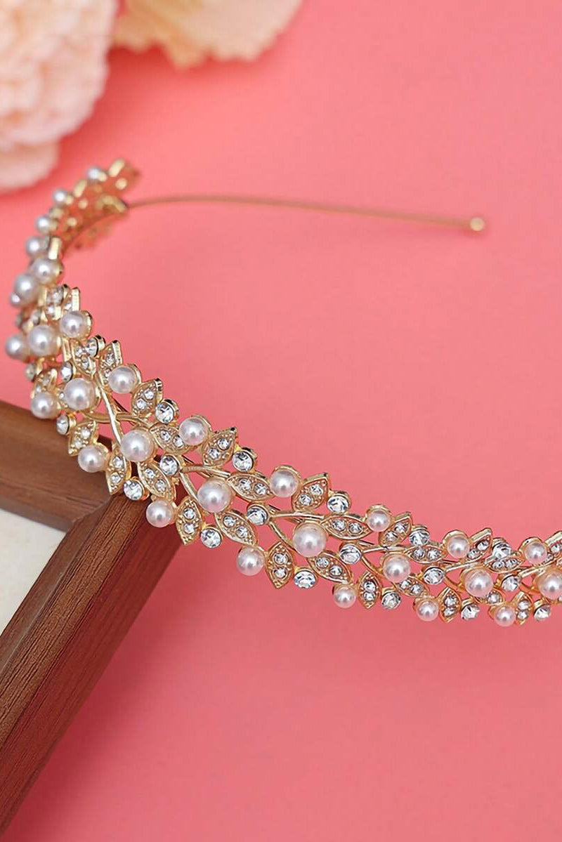 Gold Pearl Leaf Vine Bridal Headband Rhinestone Wedding Headband